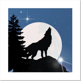 HOWLING WOLF IN THE WOODS UNDER NIGHT SKY AND STARS Posters and Art